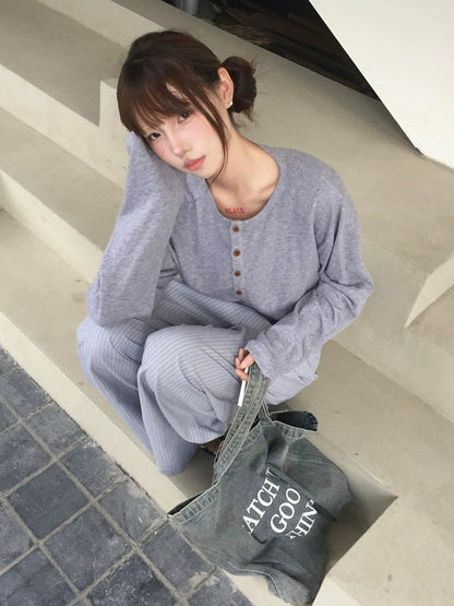 Vintage Linen Henley Long Sleeve Top