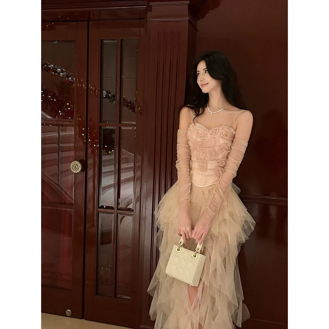 Luxury Pink Rose Tulle Two-Piece Gown Dress