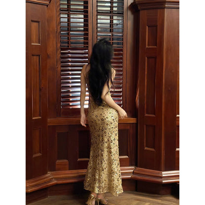 French Luxury Sequin Spaghetti Strap Fishtail Gown Dress