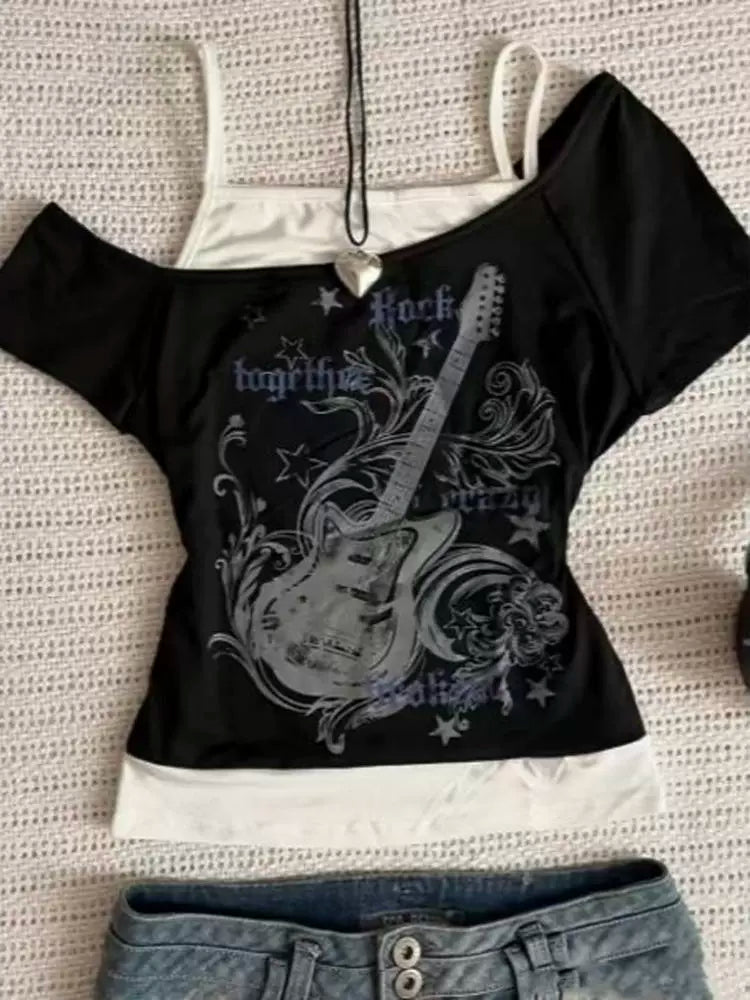 Black Subculture Rock Punk Fake Two-Piece Guitar Print Off-Shoulder Y2K T-Shirt