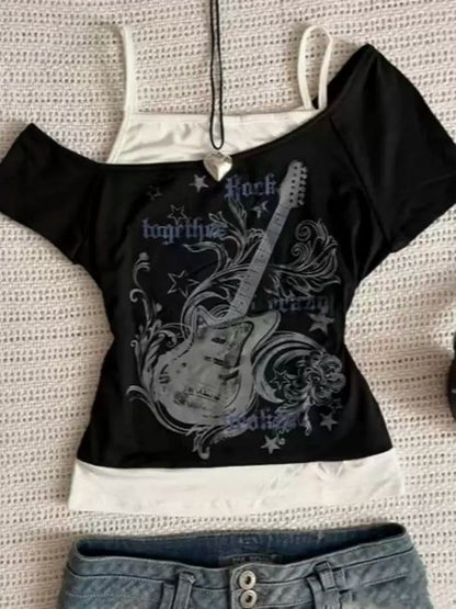 Black Subculture Rock Punk Fake Two-Piece Guitar Print Off-Shoulder Y2K T-Shirt