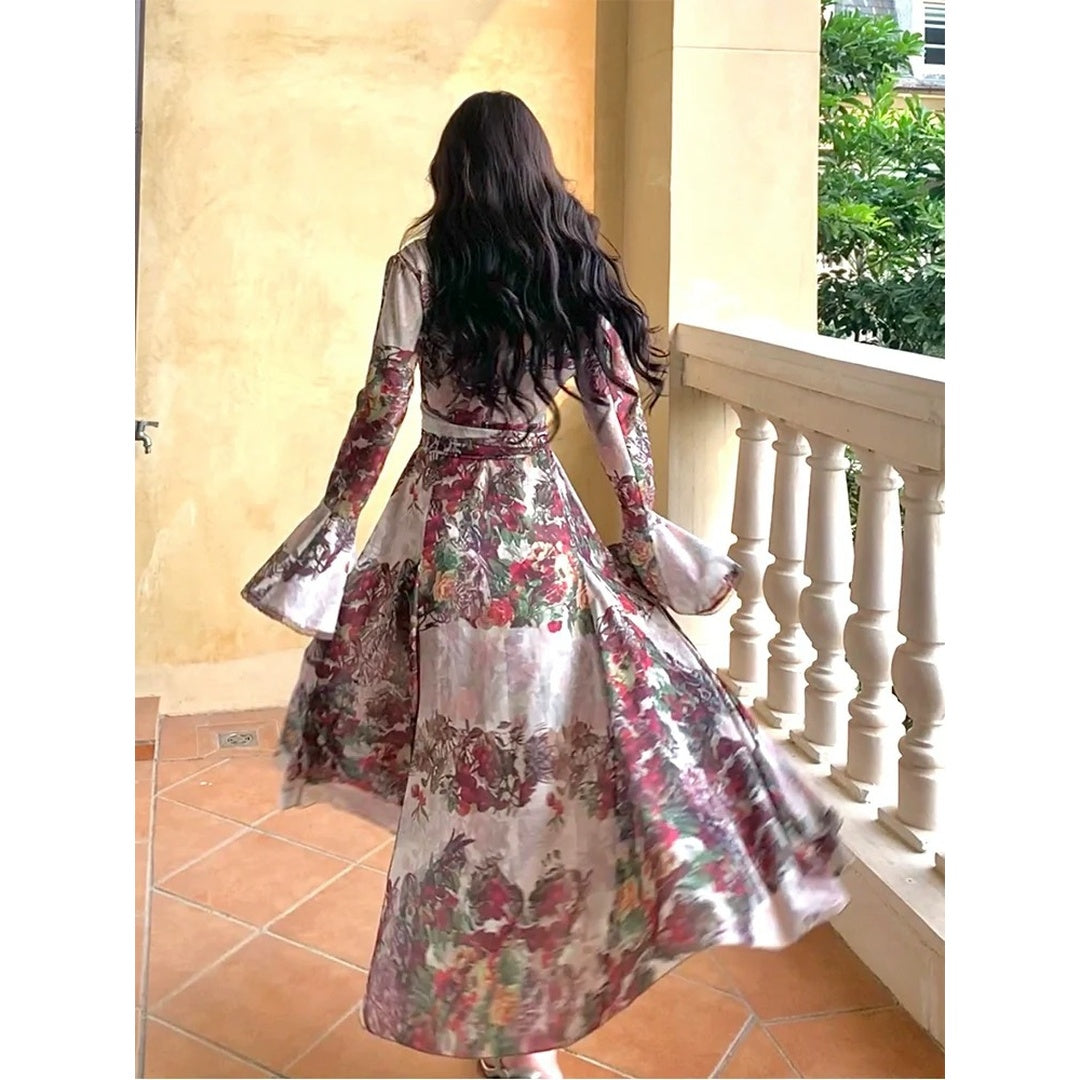 French Vintage Floral Layered Waist Gown Dress