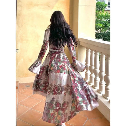 French Vintage Floral Layered Waist Gown Dress