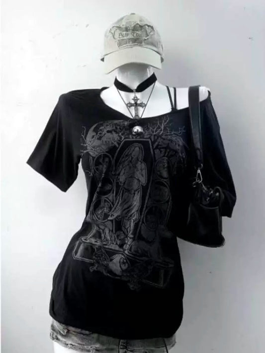 Black Punk Y2K E-girl American Retro Off-Shoulder Paneled Short Sleeve Top