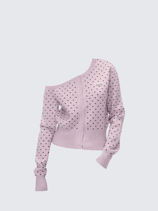 Pink Polka Dot Off Shoulder Knit Cardigan Women
