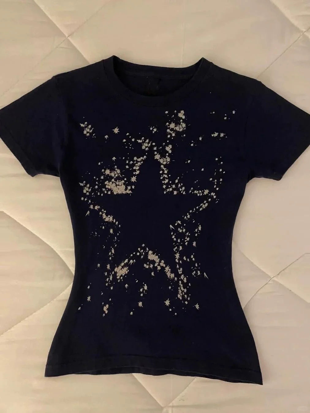 Black Subculture Y2K E-girl Abi American Retro Print Regular-Shoulder Slim Light Subculture Short Sleeve Top