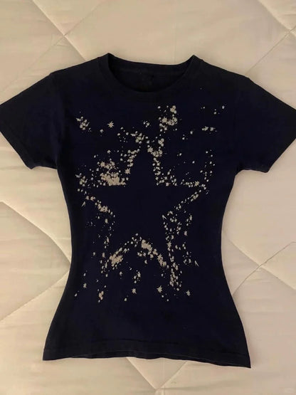 Black Subculture Y2K E-girl Abi American Retro Print Regular-Shoulder Slim Light Subculture Short Sleeve Top