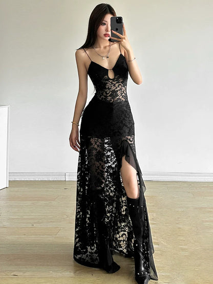 Mature Elegant Black Cutout Lace Halter Designed Slit Slimming Maxi Dress