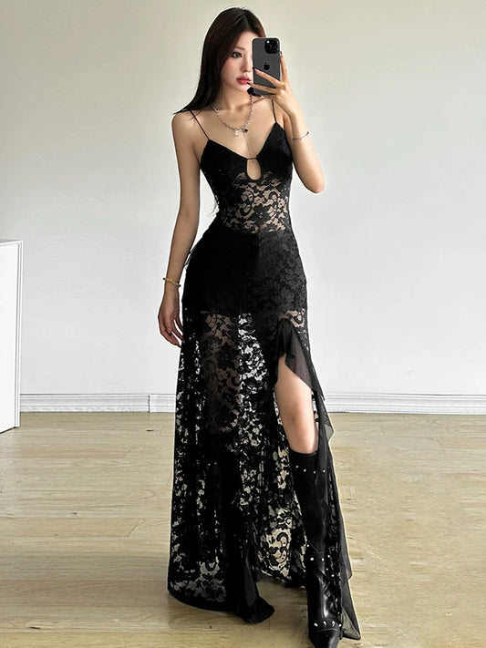 Mature Elegant Black Cutout Lace Halter Designed Slit Slimming Maxi Dress