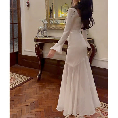 French Satin Long Sleeve Bodycon Mermaid Gown Dress