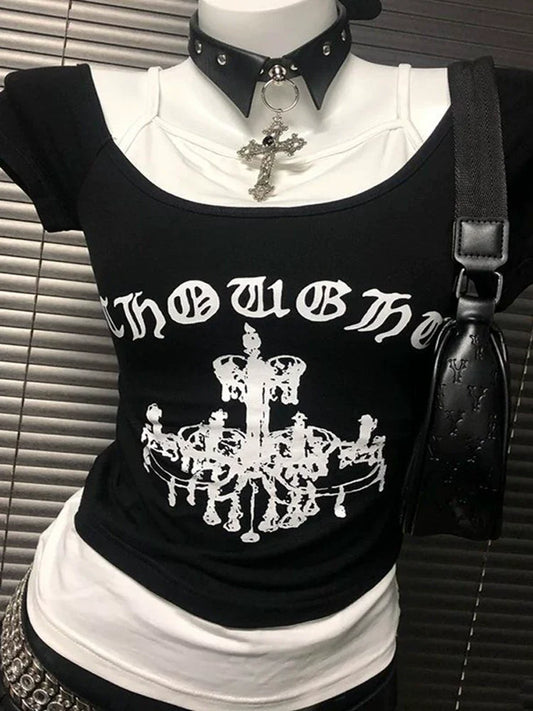 Black American Vintage Crown Print Fake Two-Piece Y2K T-Shirt