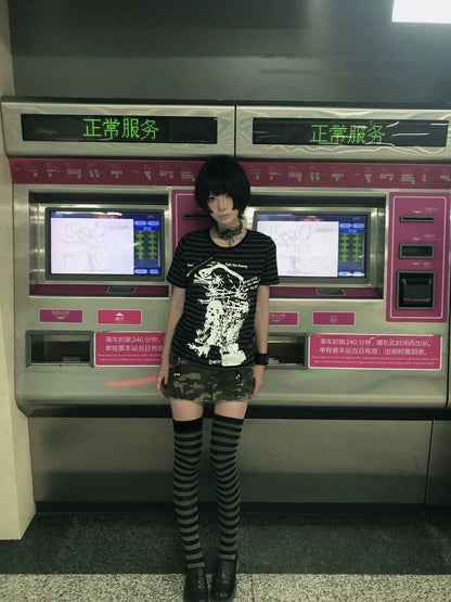 Black & Gray Striped Subculture Punk Y2K E-girl Abi American Retro Skull Short Sleeve Top