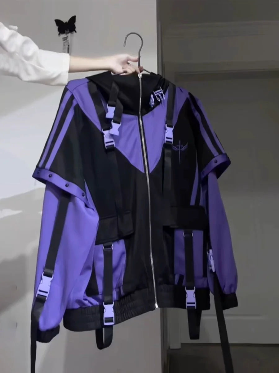 Black & Purple Hooded Subculture Y2K Japanese Anime Mass-Produced Style Sporty Jacket (Autumn)