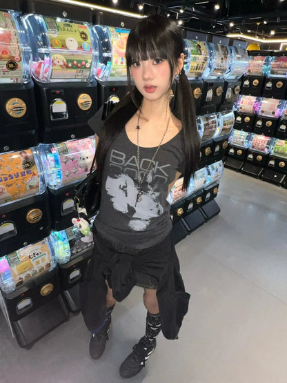 Y2K Vintage Large Neck Tee Fitted Crop Short Sleeve Top