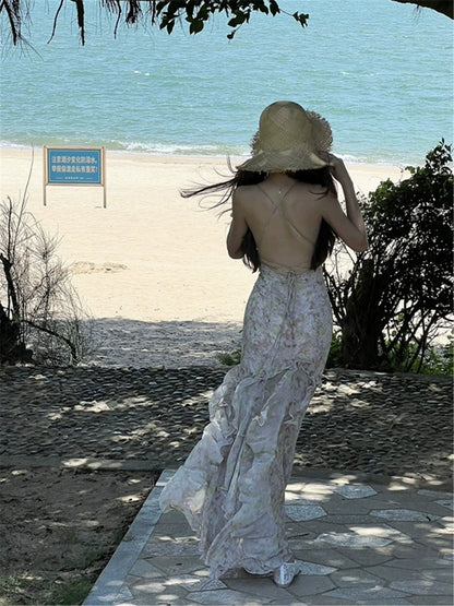 Beach Vacation Intricate Print Backless Mermaid Slip Dress