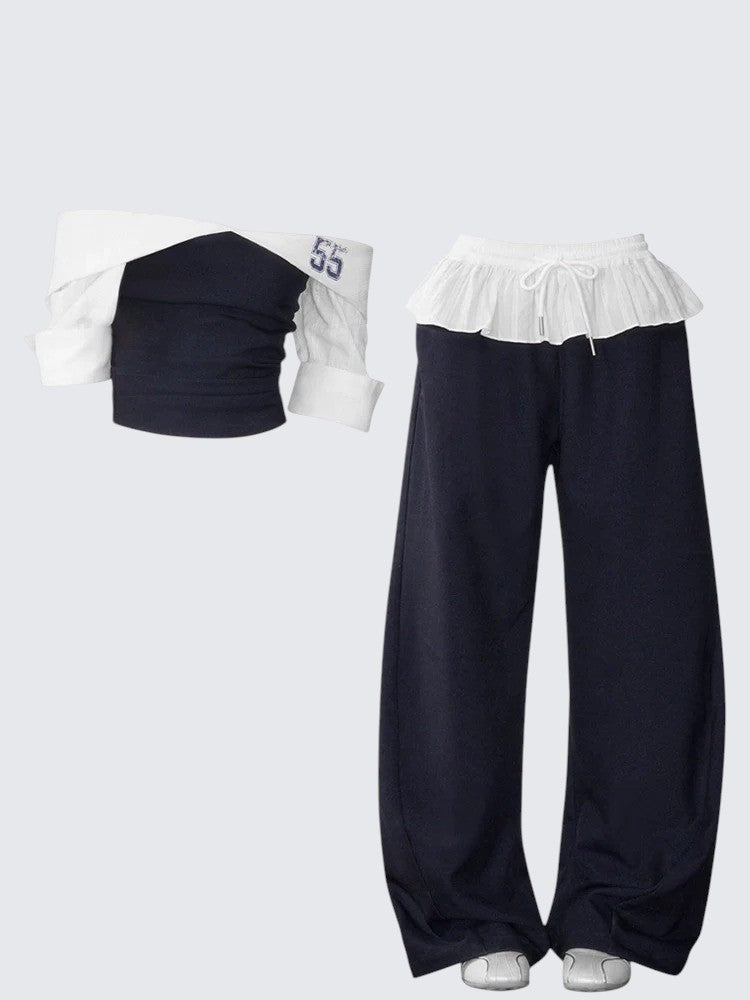 American Colorblock Off-Shoulder Ruffle Set