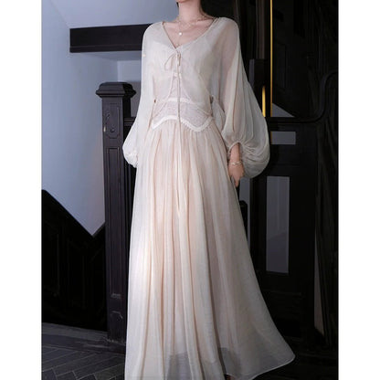 French Waist Spaghetti Strap Loose Chiffon Set Gown Dress