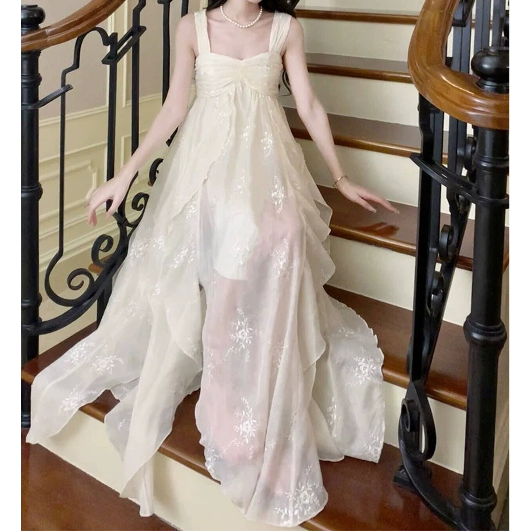 French White Embroidered Spaghetti Gown Dress