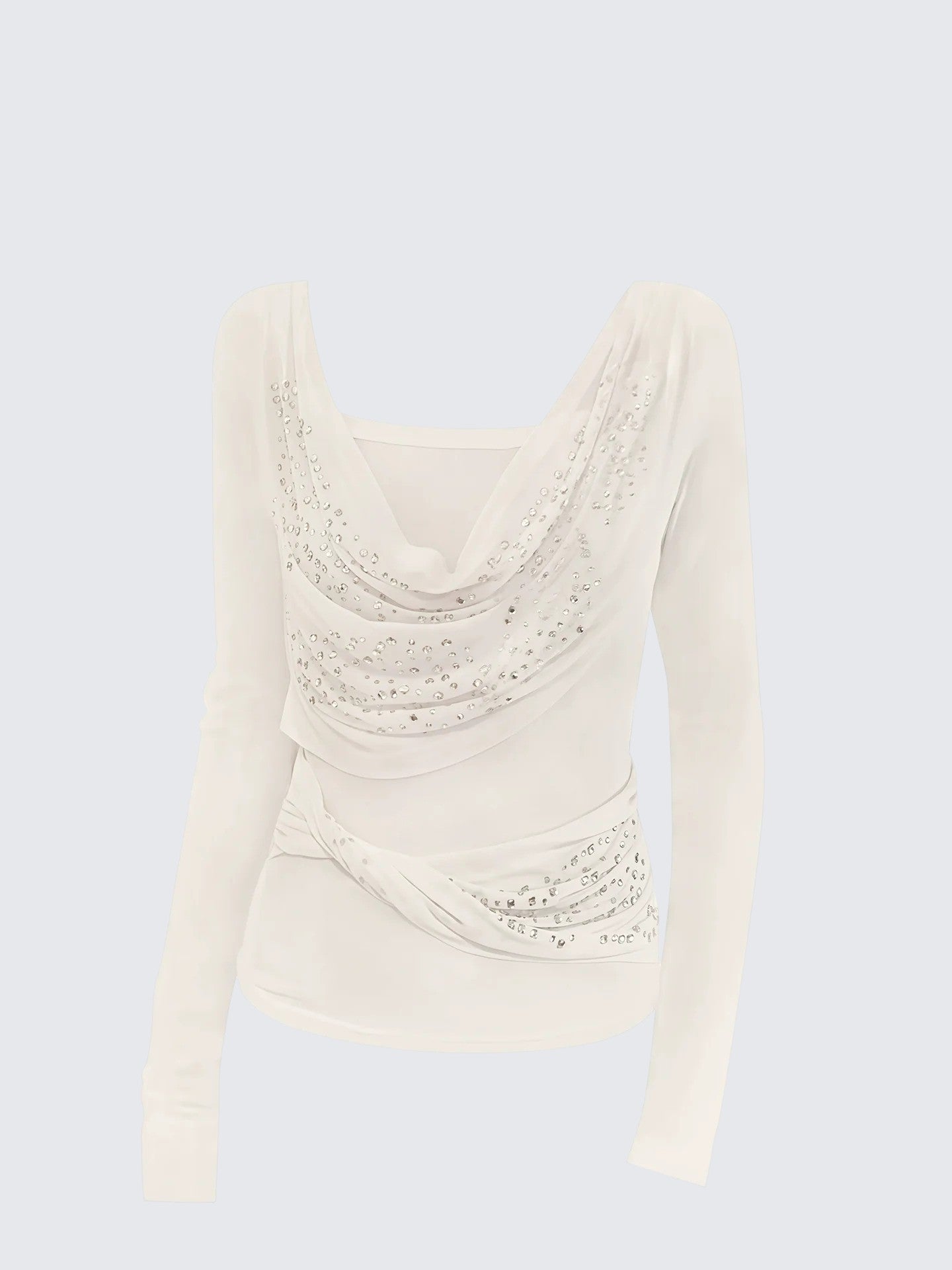 Mesh Sequin Drape Neck Long Sleeve Top