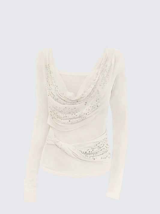 Mesh Sequin Drape Neck Long Sleeve Top