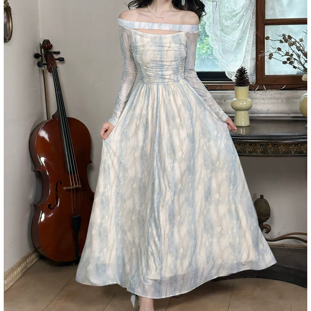 French Blue Printed One Shoulder Long Sleeve Gown Dress