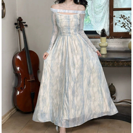 French Blue Printed One Shoulder Long Sleeve Gown Dress