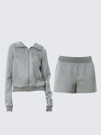 Korean Gray Stripe Loungewear Set Women