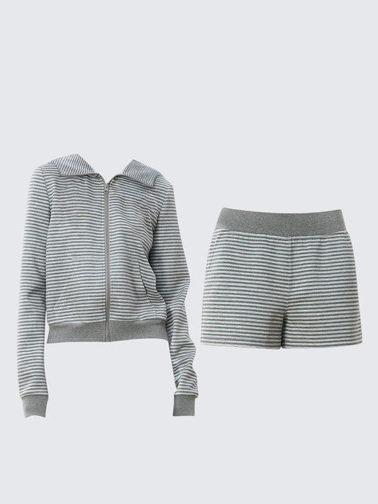Korean Gray Stripe Loungewear Set Women