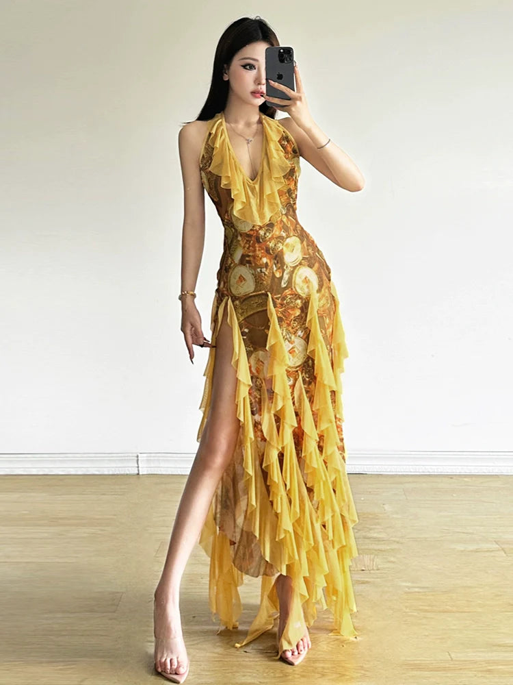 E-girl Gold Print V-Neck Halter Ruffle High-Slit Midi Dress