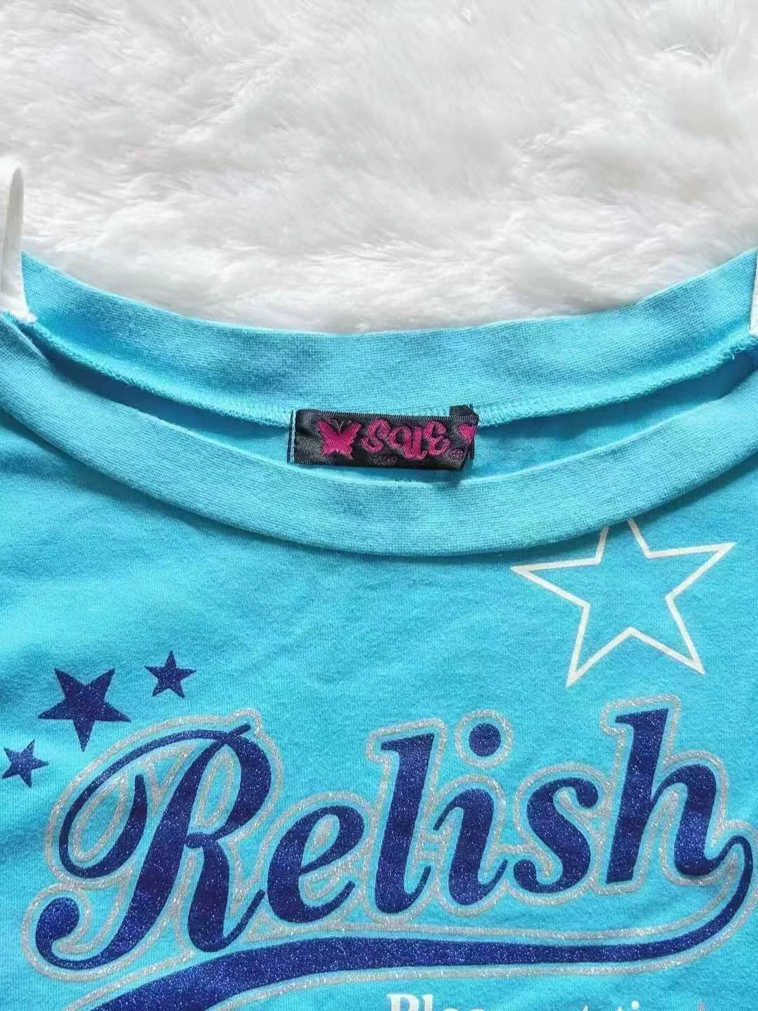 Blue Subculture Y2K E-girl Abi American Retro Star & Letter Print Short Sleeve Top