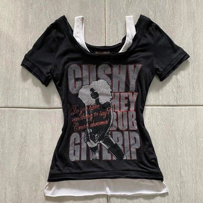 Black Fake Two-Piece Short Sleeve Subculture Rock Punk Y2K Abi American Retro Top