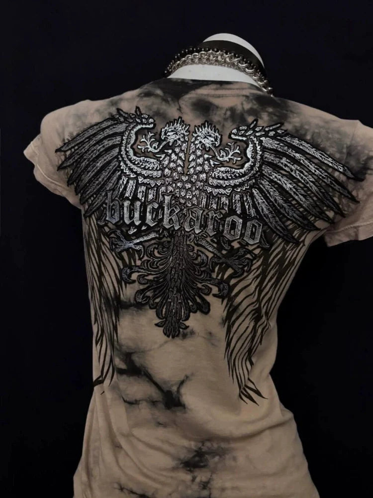 Spiked Wing Print Subculture Rock Punk Y2K Abi American Retro Waist-Cinched Short Sleeve Top