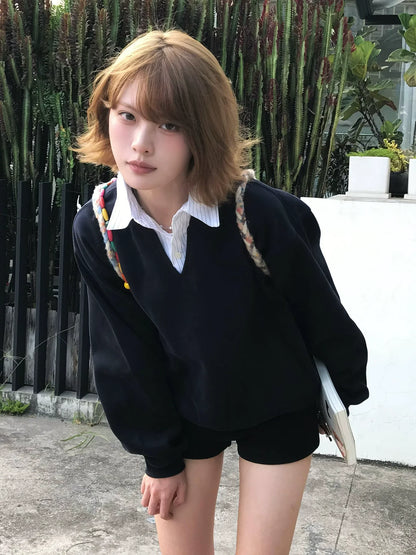 Faux-Layered V-Neck Sweatshirt Smart Academic Stripe Polo Top