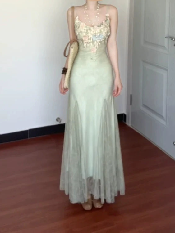 French Green Floral Lace Mesh Spaghetti-Strap Mermaid Dress