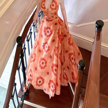 French Orange Floral Halter Neck Gown Dress – Summer Vacation Dress