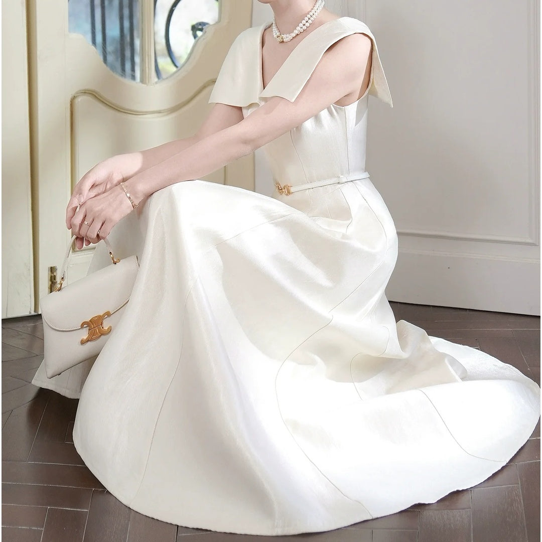 French Satin Sleeveless V-Neck Waist Gown Dress – Luxury Evening Dress