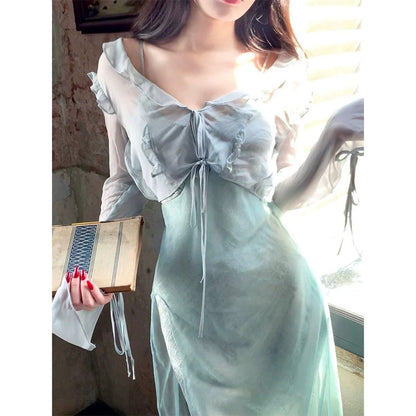 Ruffle Gold Long Sleeve Silk Gown Dress