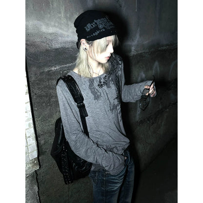 Y2K Grey Wide-Neck Long Sleeve Tee Visual Kei Punk Base Top