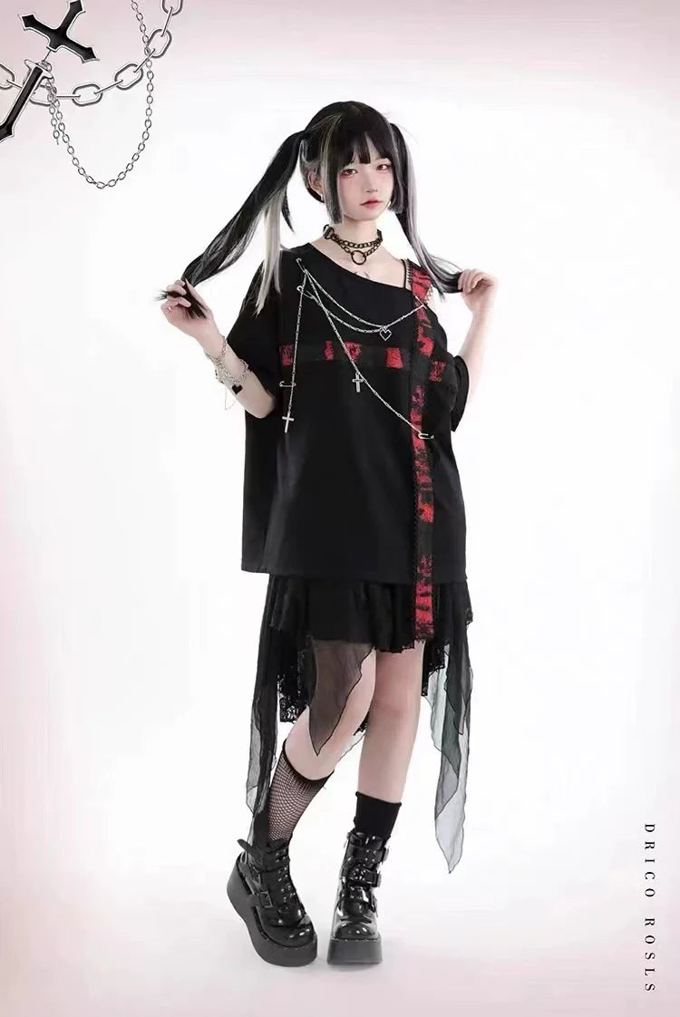 Black Subculture Punk Y2K E-girl Dark-Style Black & Red Cross Off-Shoulder Oversized Short Sleeve Top
