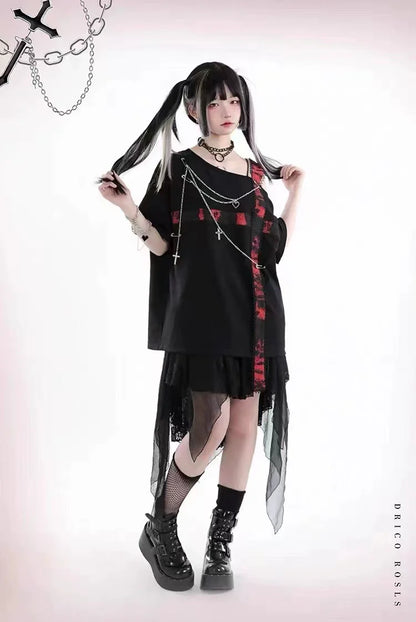 Black Subculture Punk Y2K E-girl Dark-Style Black & Red Cross Off-Shoulder Oversized Short Sleeve Top