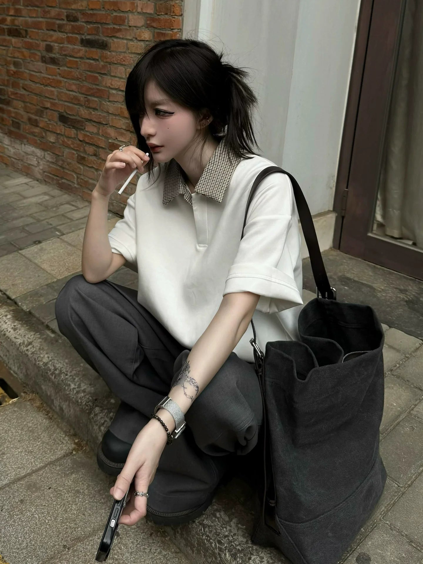 Houndstooth White Polo Tee Cleanfit Summer Short Sleeve Smart Casual Top