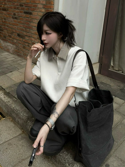 Houndstooth White Polo Tee Cleanfit Summer Short Sleeve Smart Casual Top