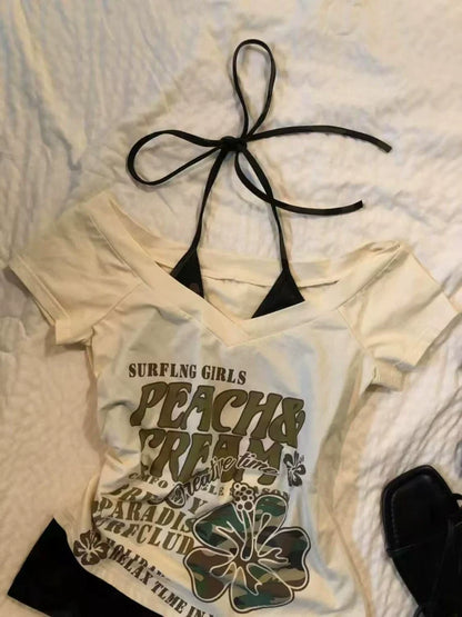 Apricot Subculture Y2K E-girl Abi American Retro V-neck Fake Two-Piece Short Sleeve Top