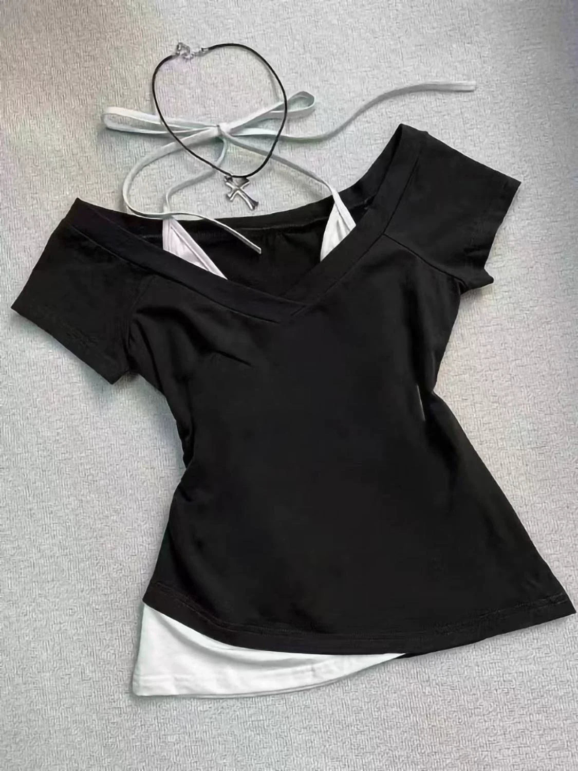 Apricot Subculture Y2K E-girl Abi American Retro V-neck Fake Two-Piece Halter Short Sleeve Top