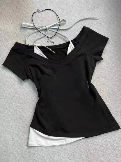 Apricot Subculture Y2K E-girl Abi American Retro V-neck Fake Two-Piece Halter Short Sleeve Top