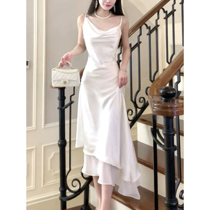 French Draped Satin Gown Dress – White Elegant Evening Dress