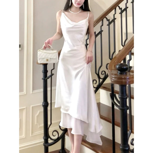 French Draped Satin Gown Dress – White Elegant Evening Dress