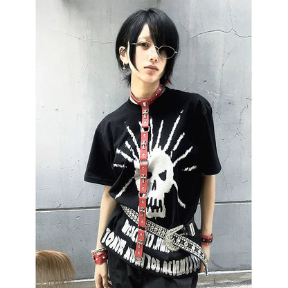 Y2K Black Polo Tee Skull Print Subculture Top