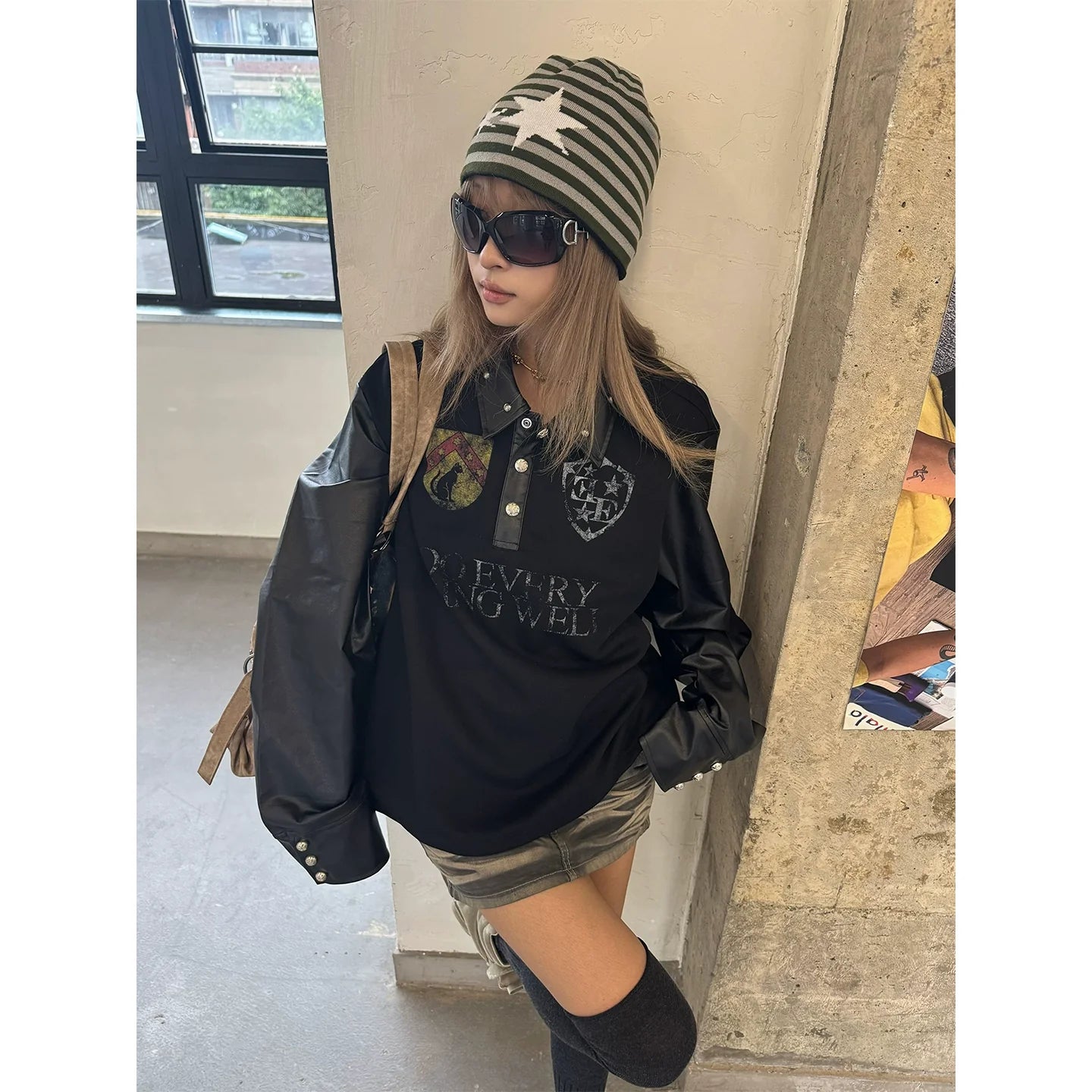 Visual Kei Polo Collar Sweatshirt Red Star Badge Print Long Sleeve Top