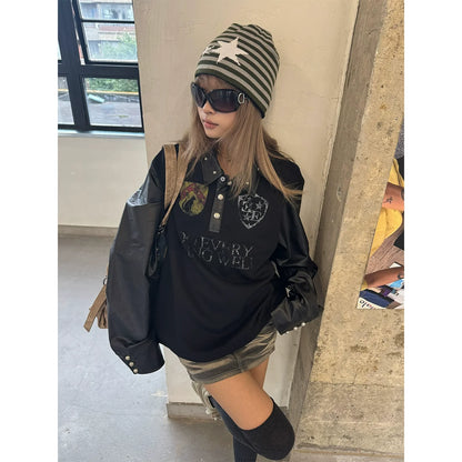 Visual Kei Polo Collar Sweatshirt Red Star Badge Print Long Sleeve Top